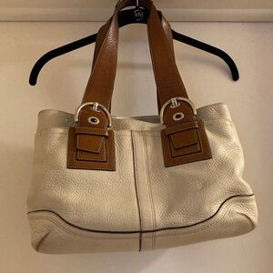 Leather Tote Bag in Cream with Brown Straps
